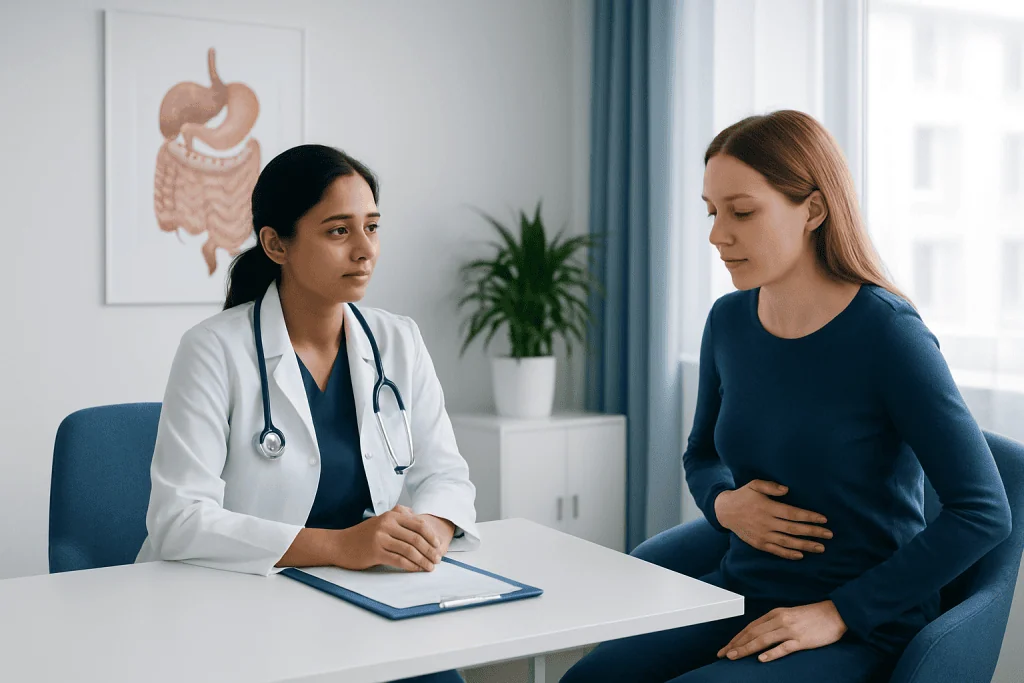 Doctor consulting with a patient about stomach health in a medical office.