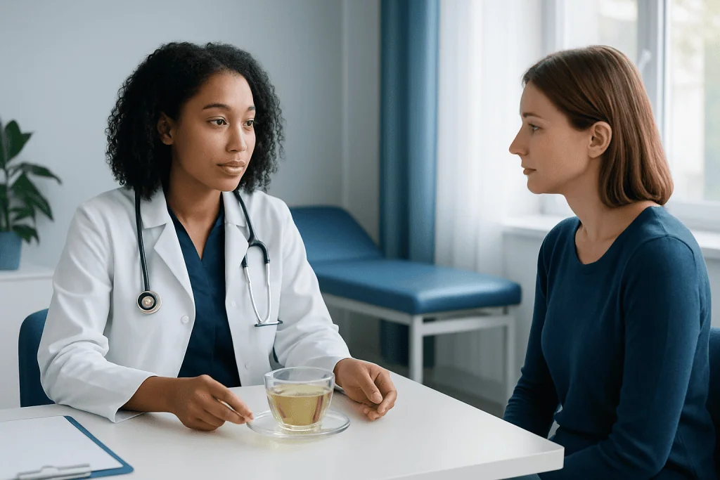 Doctor consulting with patient about health in a clinic setting.