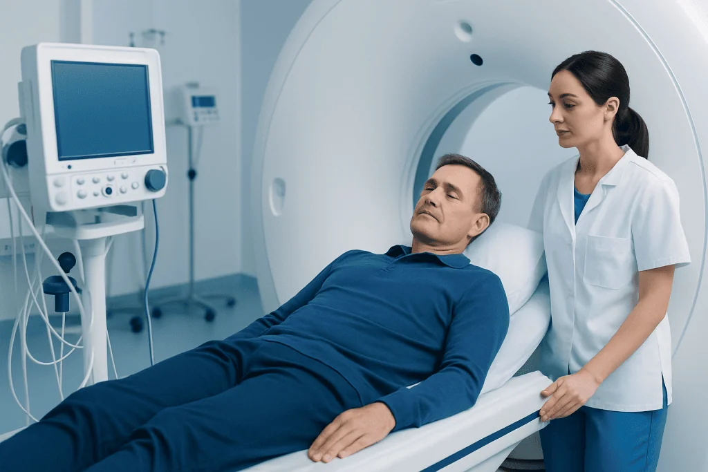Patient undergoing MRI scan at Acibadem Hospital with medical staff present.