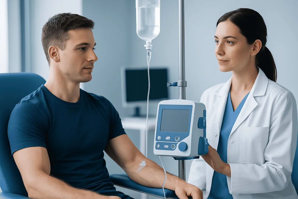 Patient receiving IV therapy at Acibadem Hospital for health improvement.