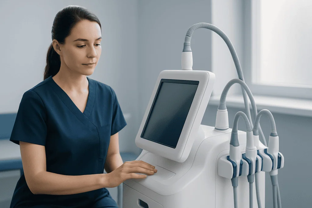 Medical professional operating a modern ultrasound machine in a clinical setting.