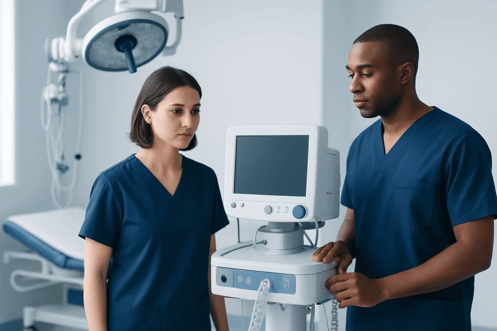 Medical professionals operating ultrasound equipment in a hospital setting.