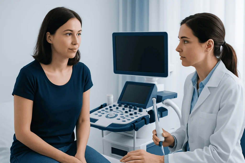 Doctor explaining ultrasound results to a patient in a medical clinic.