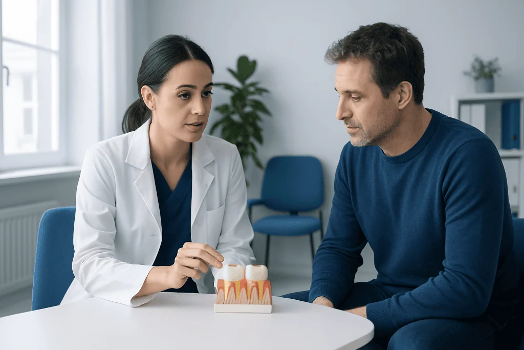 Dentist explaining gum disease to patient with dental model.