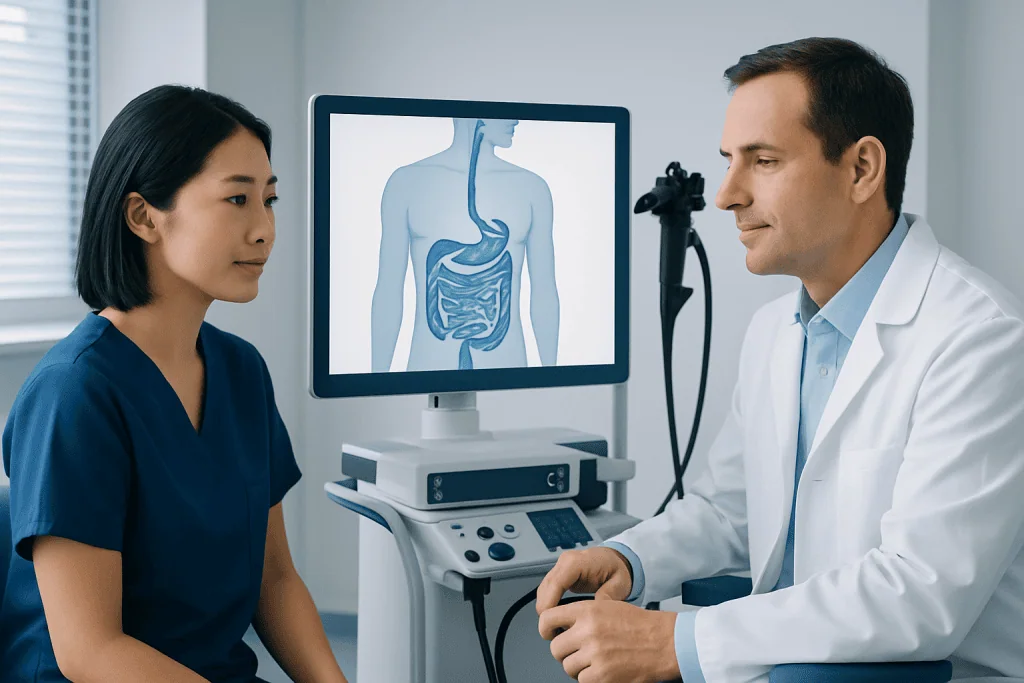 Doctor explains digestive system to patient during consultation at Acibadem Hospital.