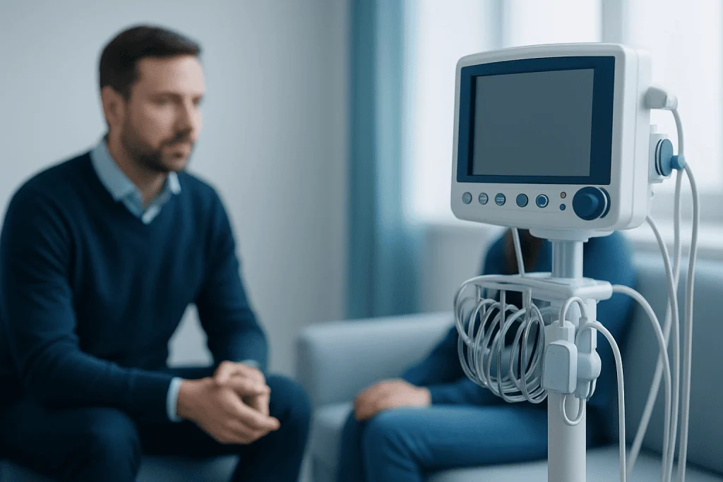 Doctor consulting with patient in a medical examination room with monitoring equipment.
