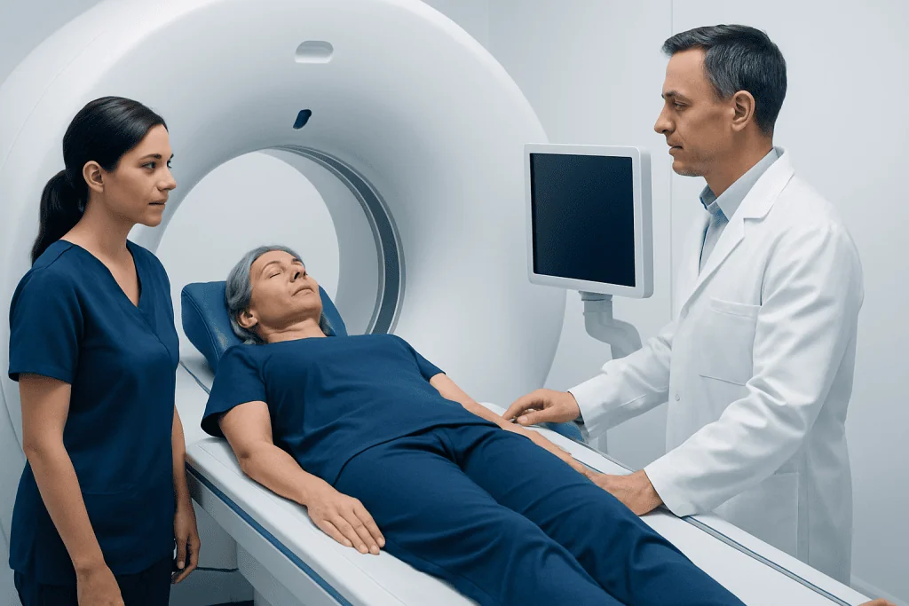 Patient undergoing a PET scan at Acibadem Hospital with medical staff present.