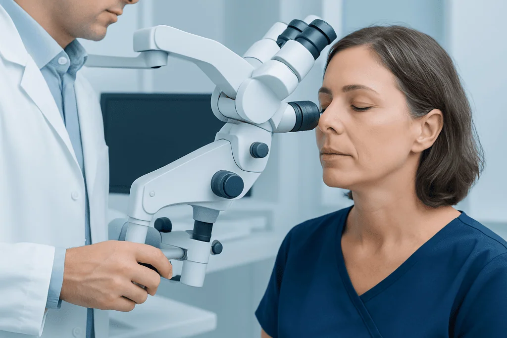 Doctor examining patient's nasal cavity with a microscope in a clinical setting.