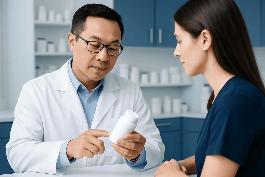 Pharmacist explaining medication to a patient in a pharmacy setting.