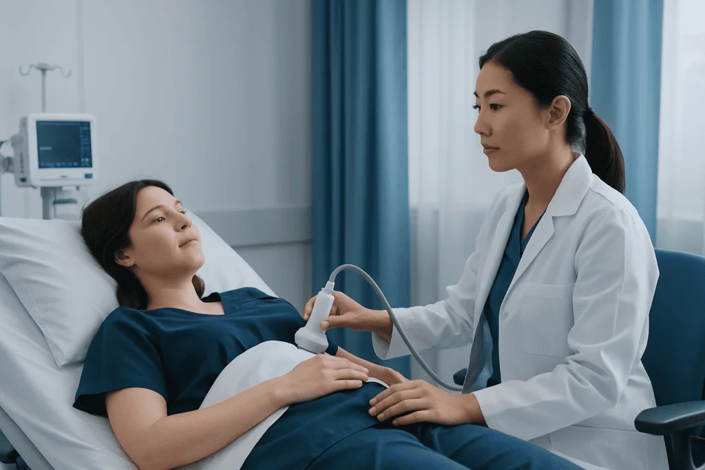 Doctor performing ultrasound examination on patient in hospital room.