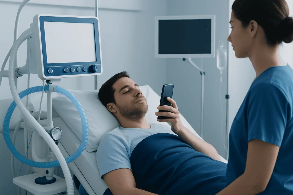 Patient in hospital bed using a smartphone with medical monitors nearby.