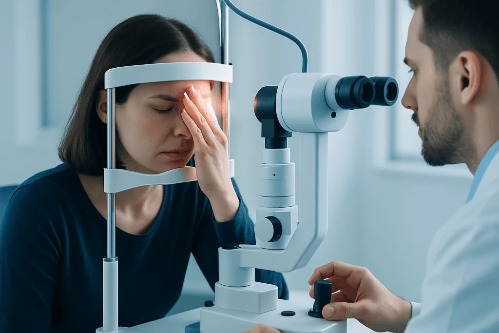 Patient undergoing eye examination with slit lamp at Acibadem Hospital.