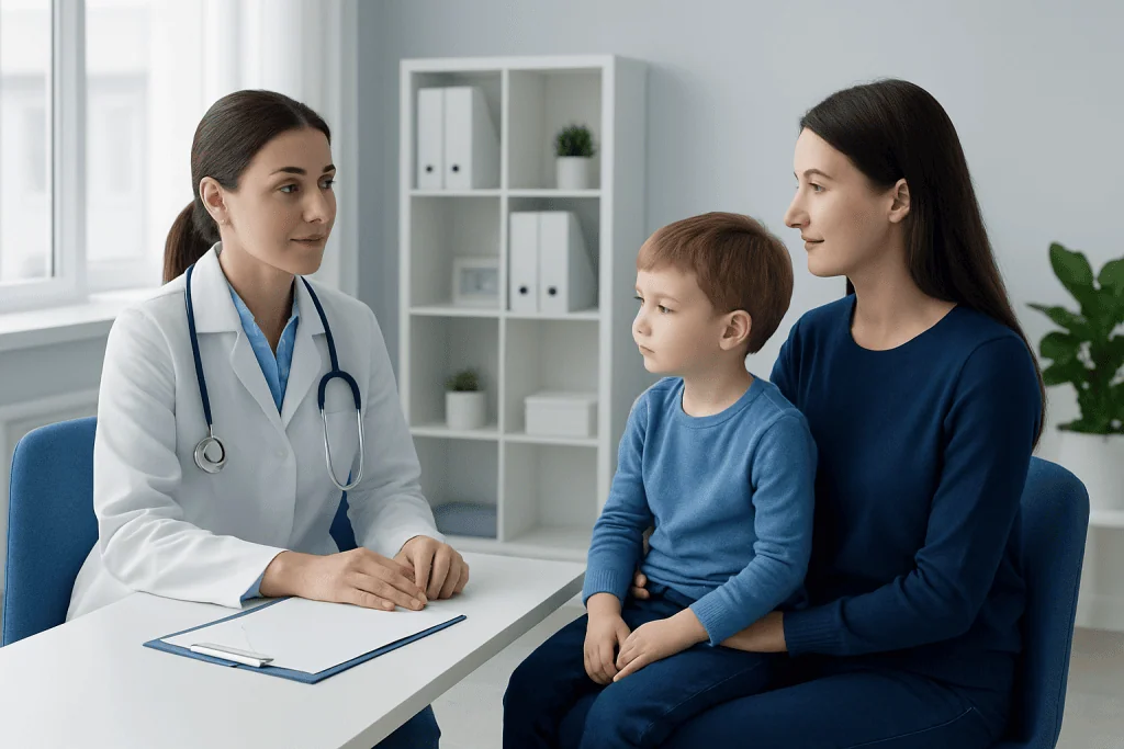 Pediatric consultation at Acibadem Hospital with doctor and mother.