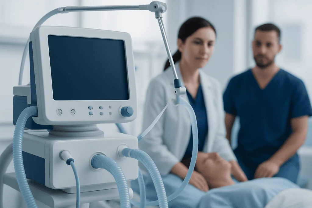 Medical ventilator machine in a hospital setting with healthcare professionals.