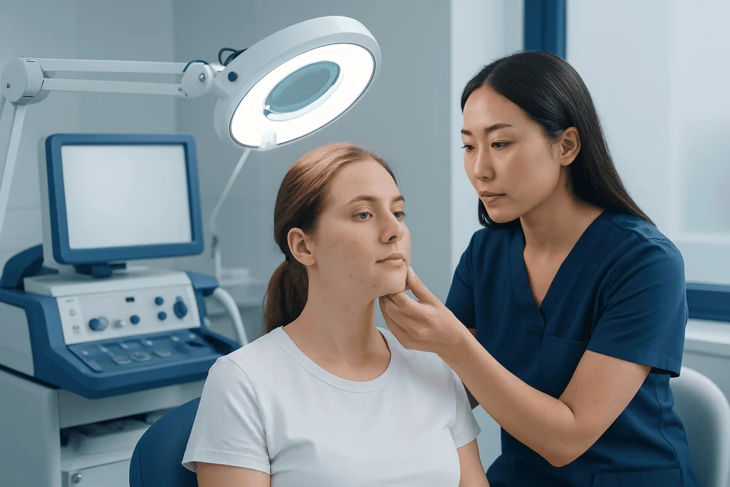 Dermatologist examining a patient's face in a clinical setting.