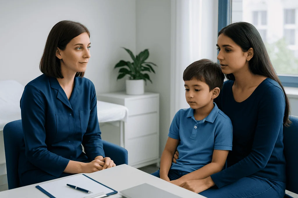 Doctor consulting with a mother and child in a medical office.