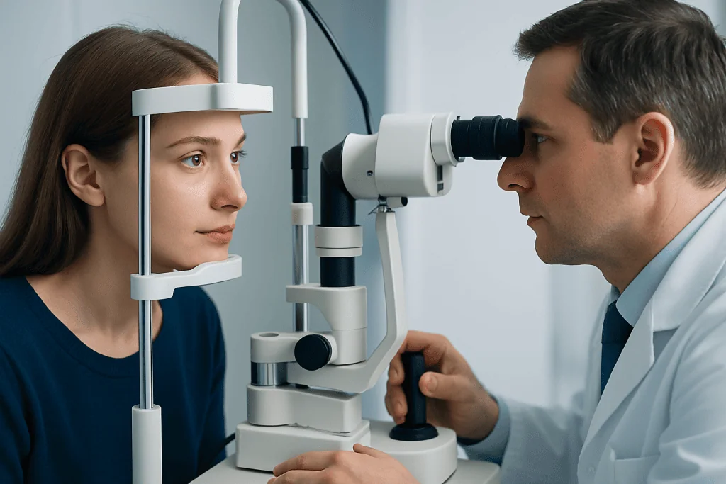 Ophthalmologist examining a woman's eye with a slit lamp microscope.