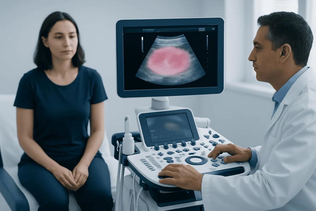 Medical ultrasound examination of a woman for gynecological health.