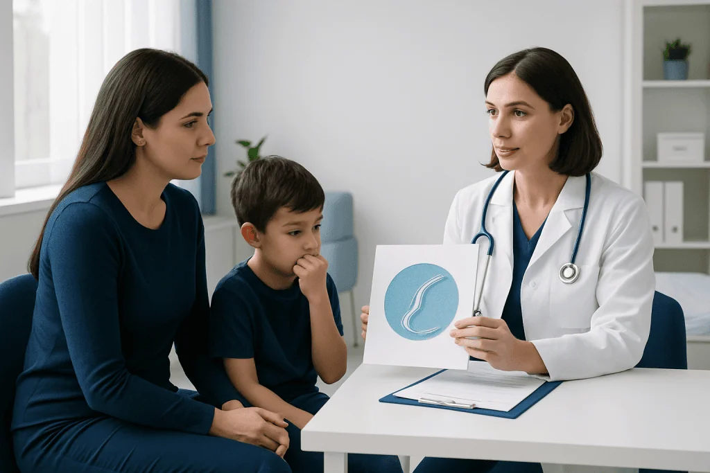 Doctor explaining pinworm infection to mother and child in a consultation room.