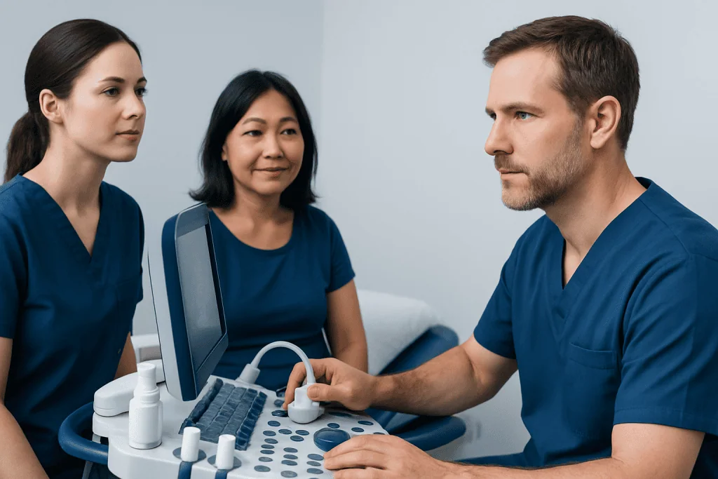 Medical professionals performing an ultrasound examination in a clinical setting.