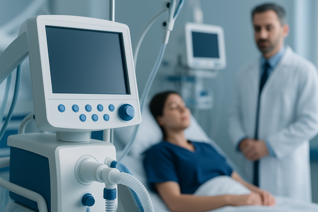 Medical ventilator machine in a hospital setting with patient and doctor.