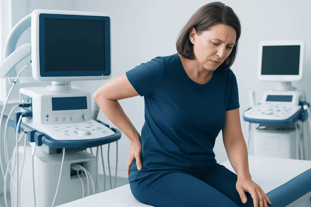 Woman experiencing lower back pain in a medical examination room.