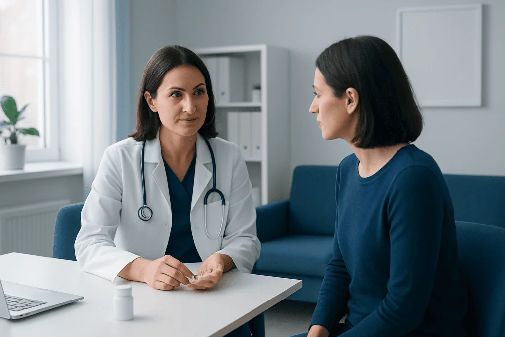 Doctor consulting with a patient in a modern medical office.