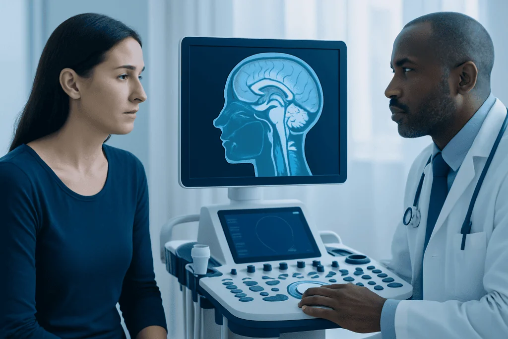 Doctor explaining brain scan to patient in a medical consultation room.