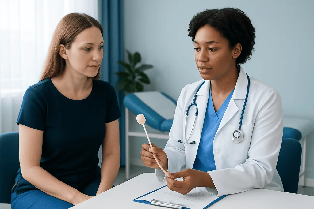 Doctor explaining Foley balloon procedure to patient in a hospital room.