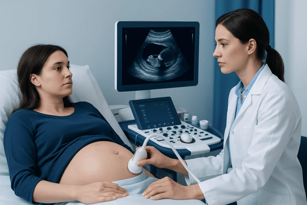 Obstetrician performs ultrasound on pregnant woman in hospital setting.