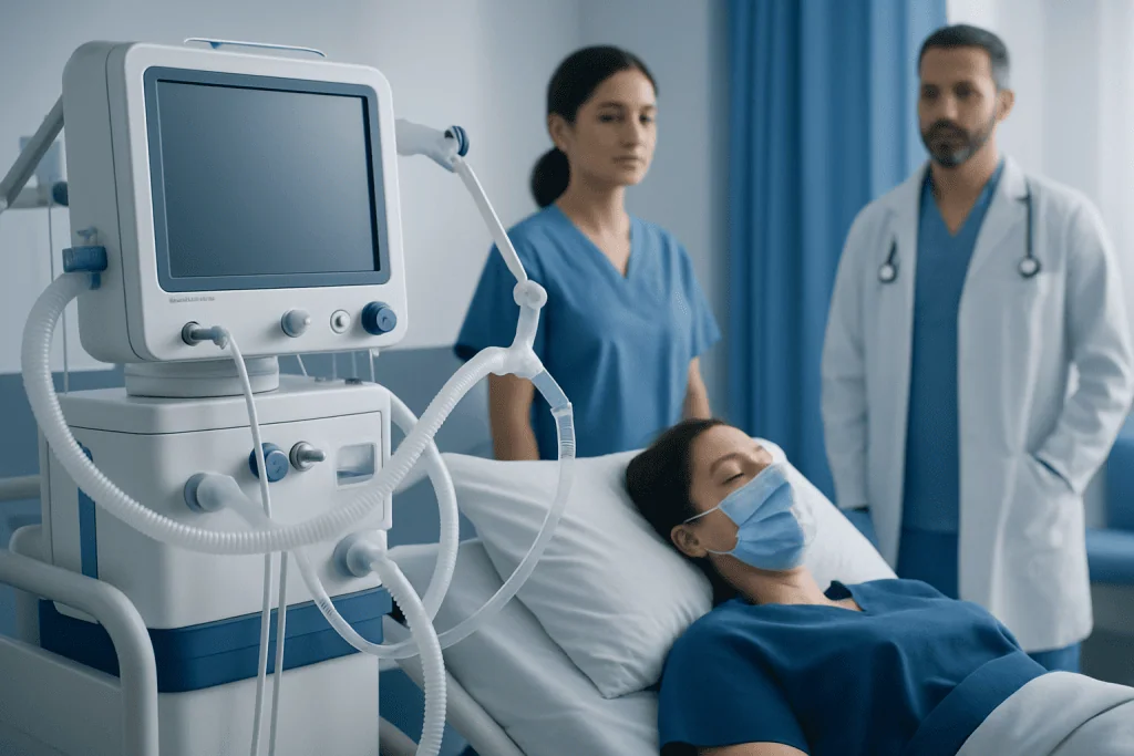 Hospital patient with medical staff and ventilator in ICU.