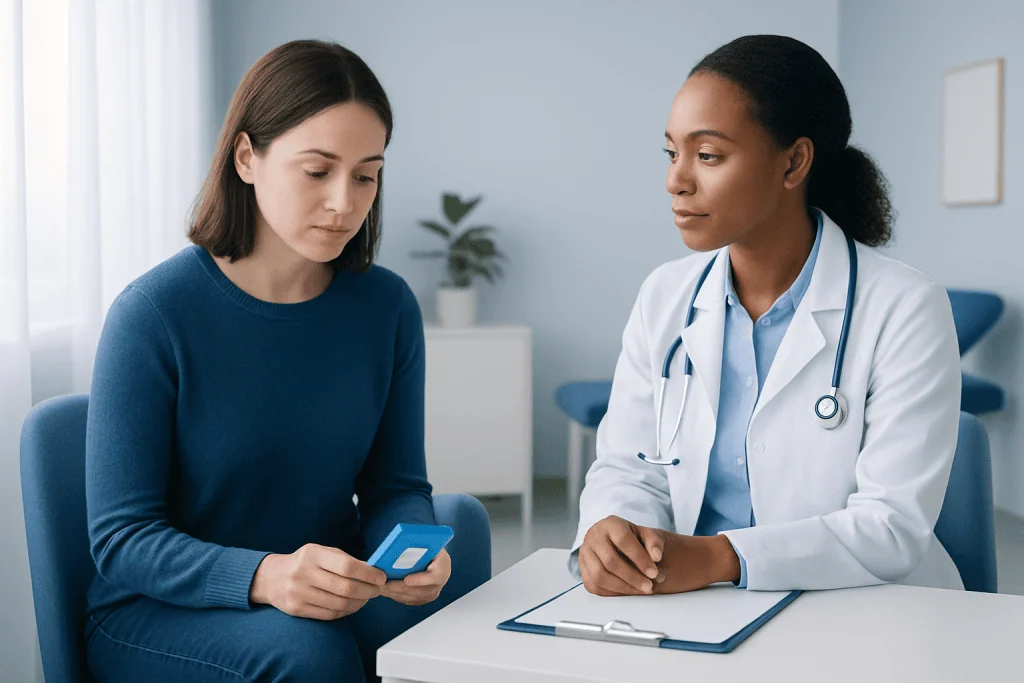 Doctor consulting with a patient in a modern medical office.