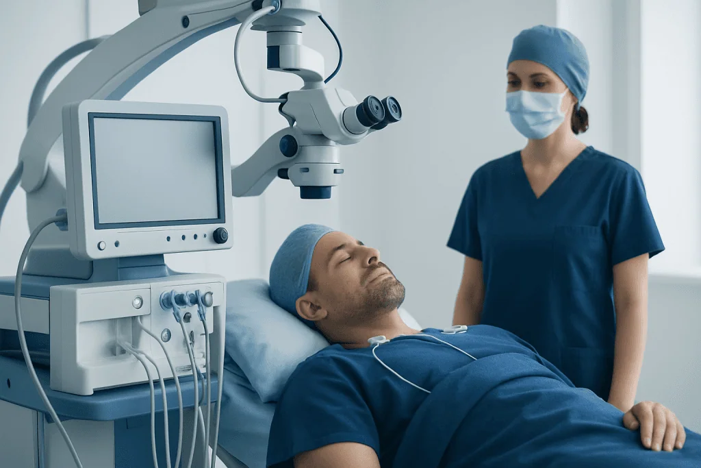 Surgeon and patient in a modern hospital operating room with medical equipment.