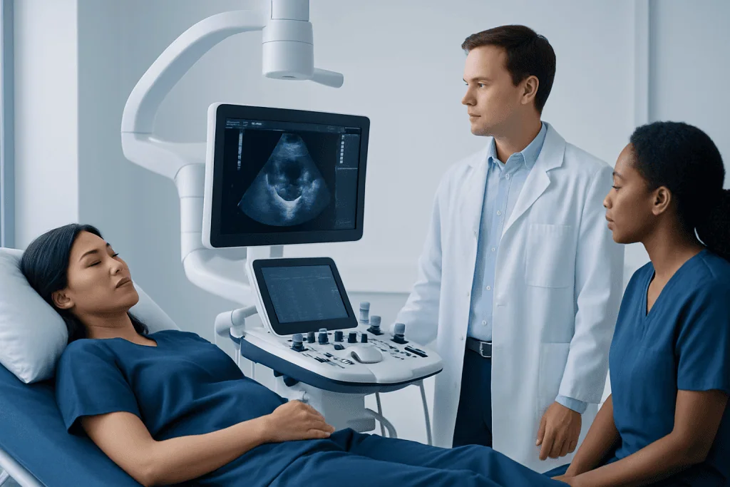 Doctor performing an ultrasound scan on a patient in a hospital room.