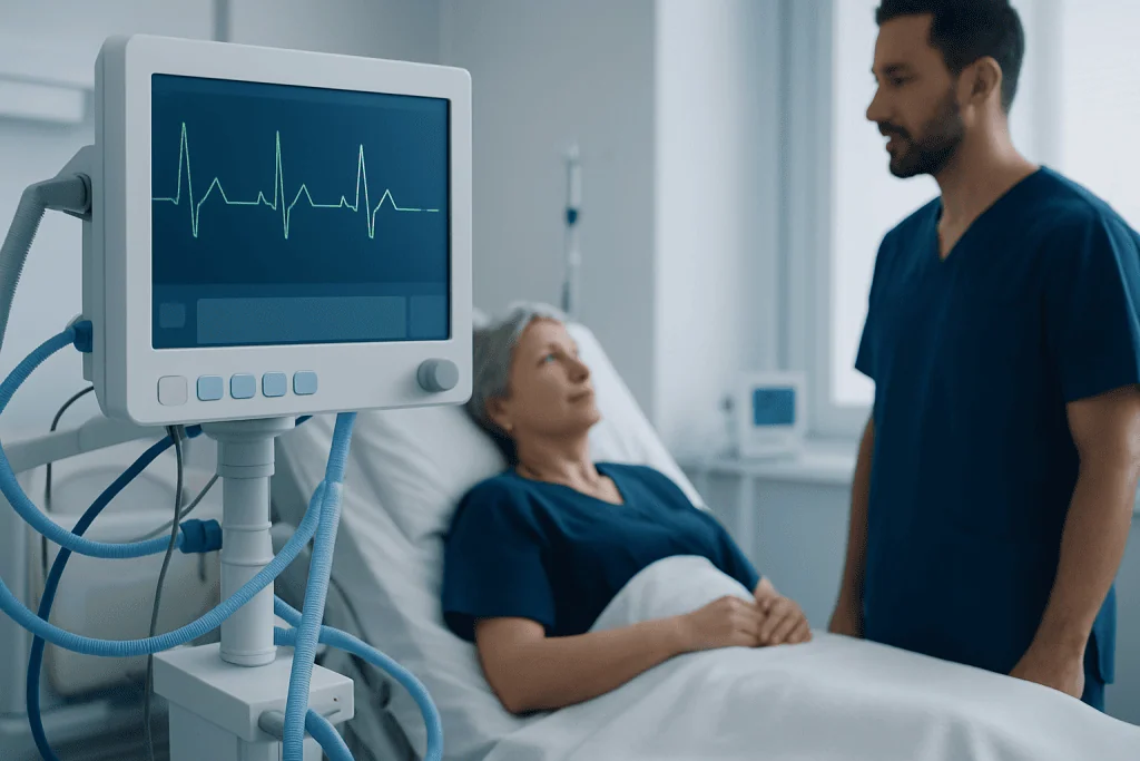 Hospital patient monitoring with a nurse in a clinical setting.