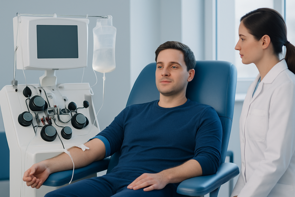 Patient donating plasma in a medical facility at Acibadem Hospitals Group.