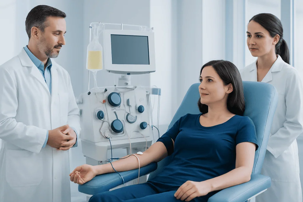 Medical professionals monitoring a patient during a blood test at Acibadem Hospital.