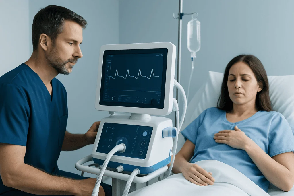 Doctor monitoring patient with medical equipment in hospital room.