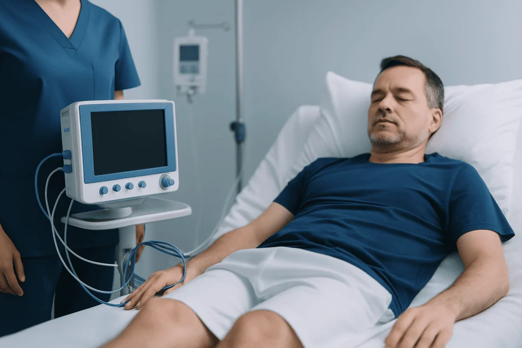 Patient undergoing sleep study for movement disorder diagnosis at Acibadem Hospital.
