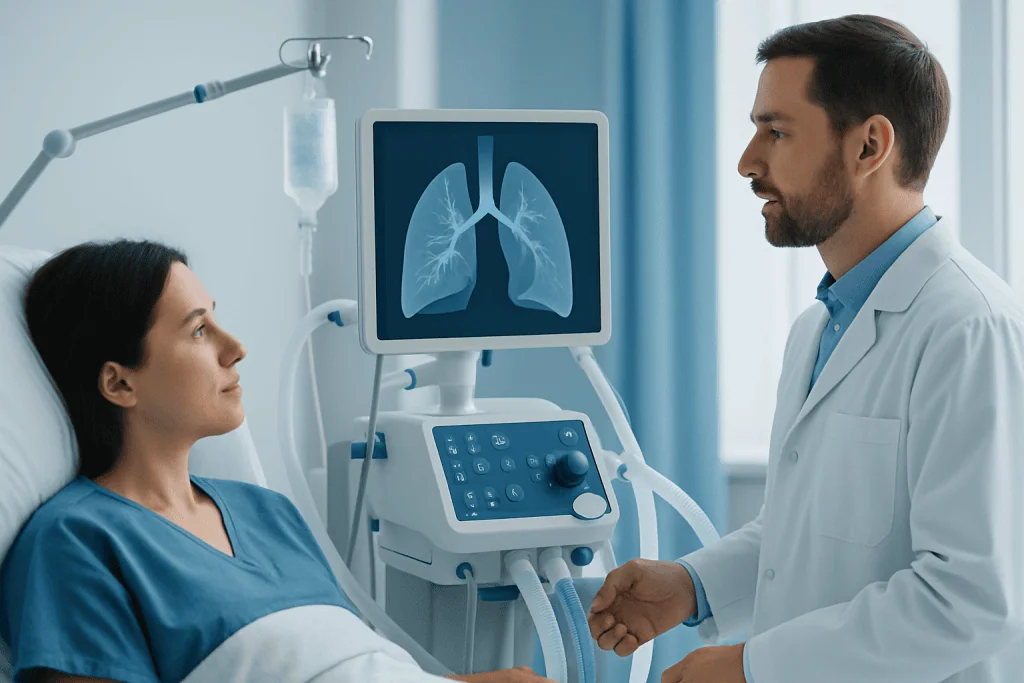 Doctor explaining lung scan results to patient in hospital room.