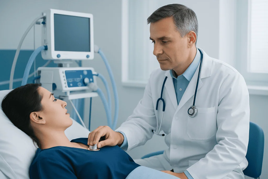 Doctor examining a patient in a hospital room with medical equipment.