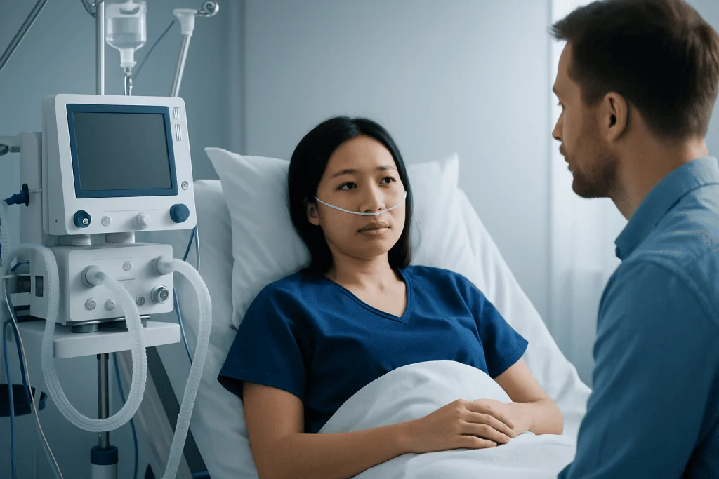 Young patient in hospital bed talking to doctor about pneumonia treatment.
