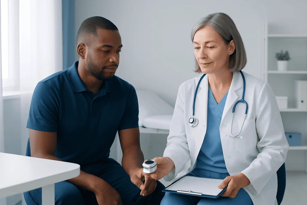 Doctor explaining medical device to patient in clinic setting.
