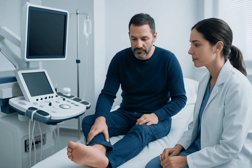 Doctor examines patient's foot in a medical clinic setting.