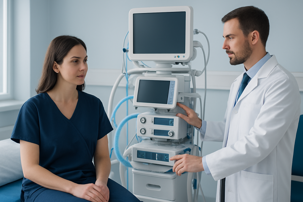 Doctor consulting a patient in a hospital room with medical equipment.