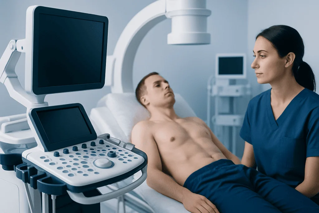 Medical professional performing ultrasound on a patient in a hospital room.