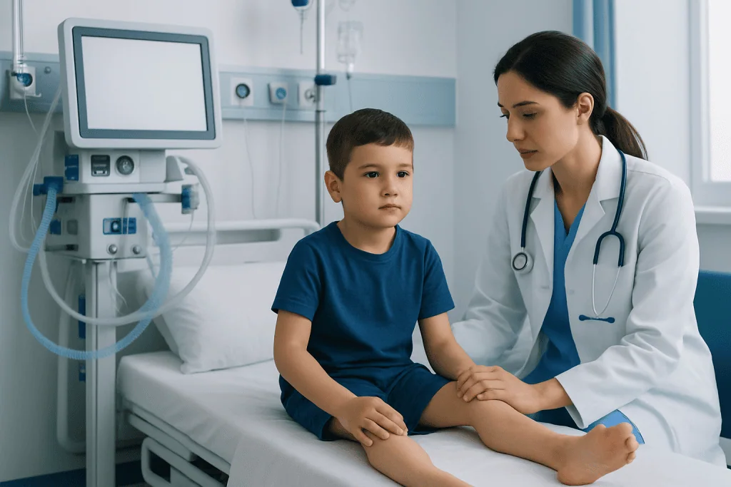 Pediatric doctor examining a young boy in hospital room.