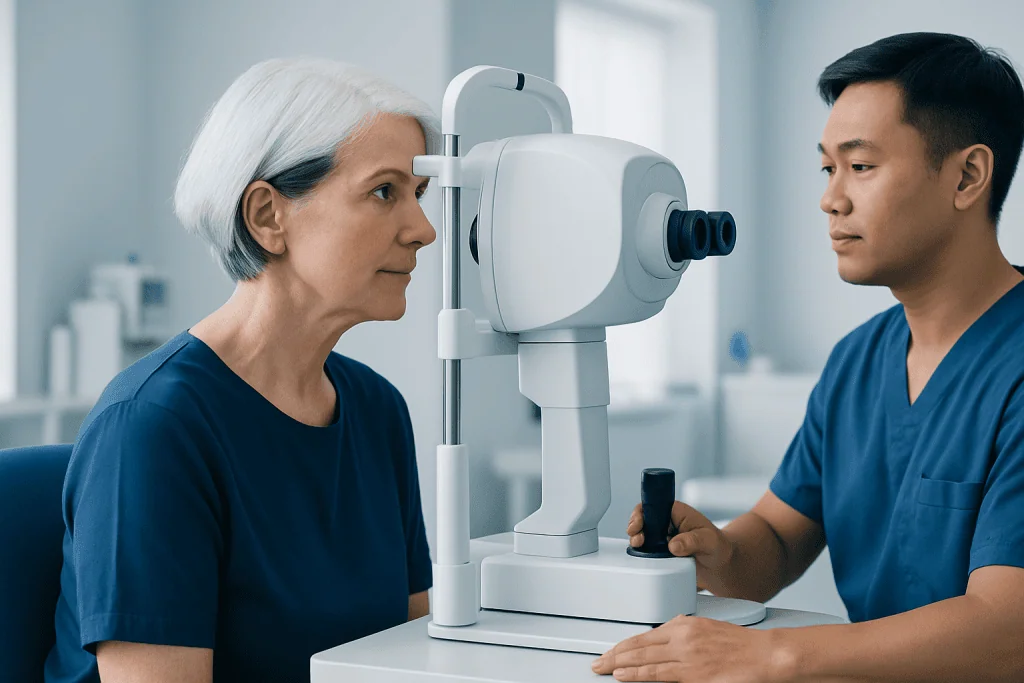 Optometrist examining an elderly woman's eyes with a slit lamp in a clinic.