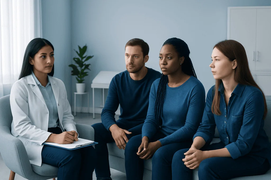 Therapist conducting a counseling session with diverse patients in a clinic.