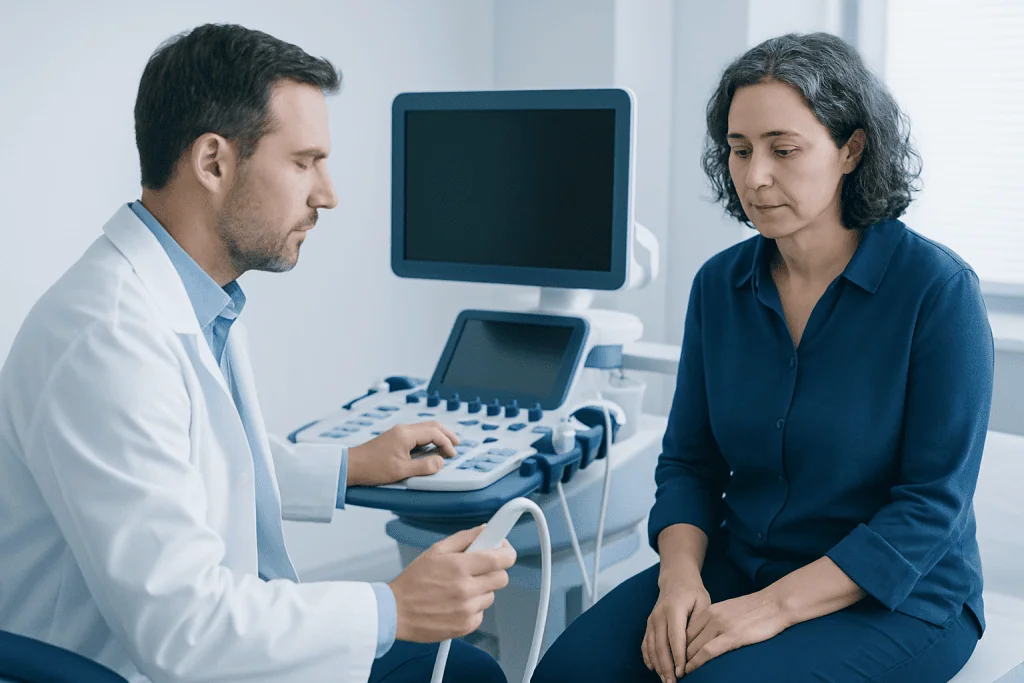 Doctor consulting with a patient in a medical examination room at Acibadem Hospitals.